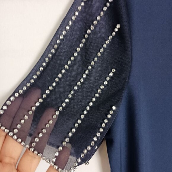Tiana B Blue Top Beaded Mesh Sleeves Size XS NWT Elegant Short Sleeve Blouse - Picture 2 of 5